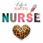 das logo hat eine aufschrift nurse in bunten farben. darunter ein herz in leoprint . eine spritze steht über dem s und es steht dort life is beautyfull.