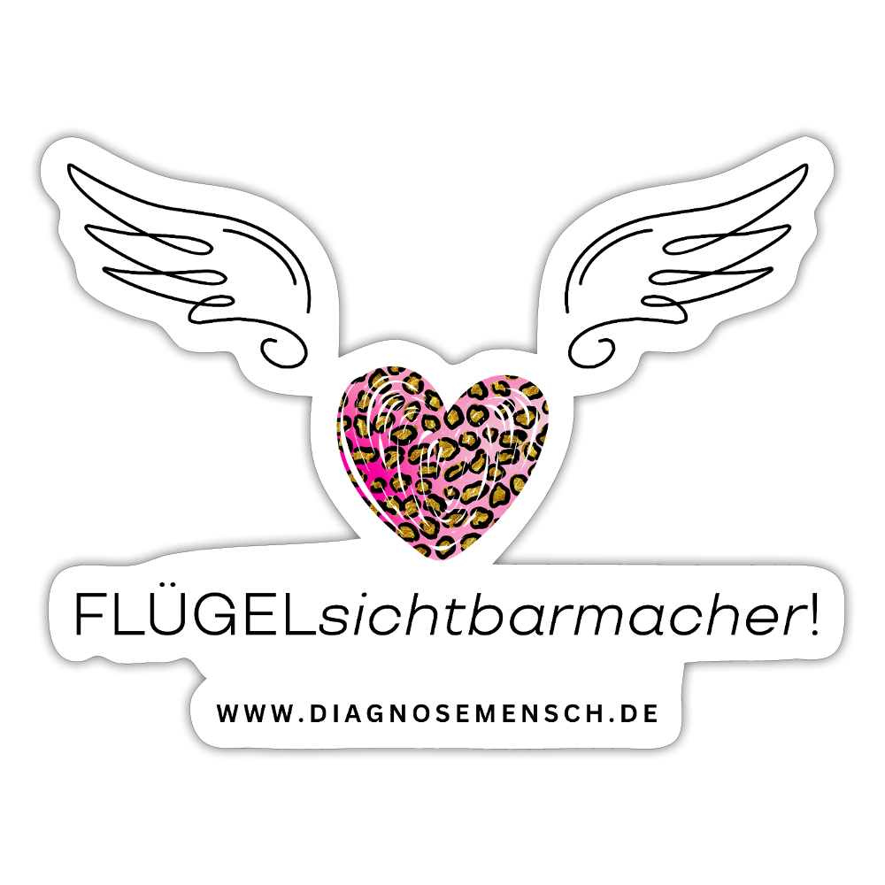 Sticker mit zwei engelsflügel und in der mitte ist ein rosafarbenes herz in leoprint. darunter steht flügelsichtbarkacher und www.diagnosemensch.de