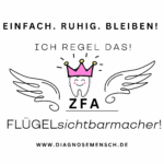 diese logo ist für zfa's zahnarzthelferinnen. als überschrift seht dort einfach ruhig bleiben. darunter dann ich regel das. dann folgen zwei engelsflügel mit einem zah in der mitte, der eine pinke krone auf hat. daruntere steht flügelsichtbarmacher und www.diagnosemensch.de