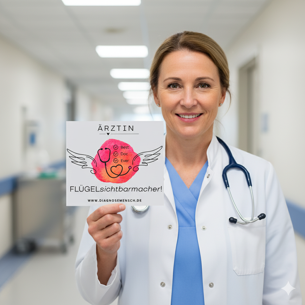 KI Bild zeigt eine Ärztin im Krankenhaus, die ein Schild hochhält mit dem Logo zwei Engelsflügel, Best Doc Ever und dem #Flügelsichtbarmacher