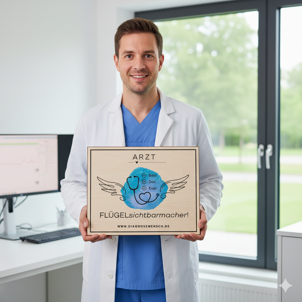 KI Bild zeigt einen Arzt in der Praxis, der ein Schild hochhält mit dem Logo zwei Engelsflügel, Best Doc Ever und dem #Flügelsichtbarmacher